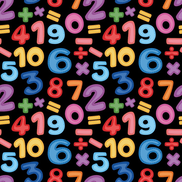 back to school, numbers, math symbols, plus signs, minus signs, multiplication signs, division signs, colorful digits, black background, bright colors, red, blue, yellow, green, purple, pink, orange, educational theme, learning pattern,, fabric panel, repeating pattern, children's fabric, school supplies theme