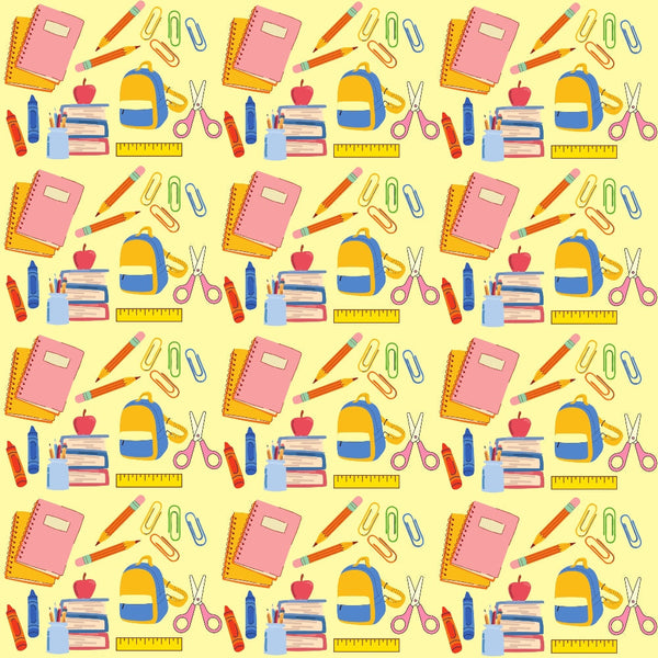 yellow background, school supplies, notebooks, pencils, scissors, backpack, apple, ruler, paper clips, crayons, pink, blue, orange, red, green, repeating pattern, back to school, educational theme,, fabric panel, children's fabric, bright colors, stationery items