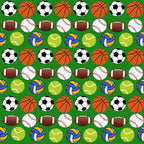 sports balls, soccer ball, basketball, football, baseball, tennis ball, volleyball, green background, repeating pattern, athletic theme, school sports,, fabric panel, orange, white, brown, yellow, blue, lime green, geometric arrangement, sports equipment