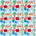 back to school, educational elements, school supplies, globe, books, apple, soccer ball, scissors, calculator, backpack, pencil holder, bright colors, red, blue, green, orange, yellow, repeating pattern,, fabric panel, classroom theme, student motifs