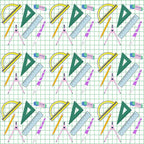 fabric panel, back to school, school supplies, geometric tools, protractor, ruler, compass, triangle ruler, eraser, pencil, yellow, green, purple, pink, blue, grid background, educational theme, math tools, repeating pattern, drafting supplies, student supplies, geometric pattern