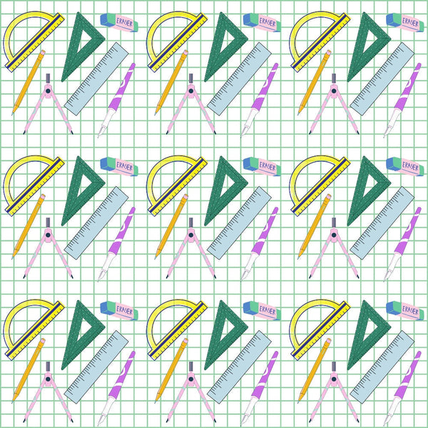 fabric panel, back to school, school supplies, geometric tools, protractor, ruler, compass, triangle ruler, eraser, pencil, yellow, green, purple, pink, blue, grid background, educational theme, math tools, repeating pattern, drafting supplies, student supplies, geometric pattern