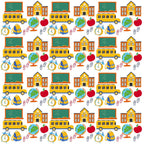 orange, yellow, green, blue, red, white, school bus, chalkboard, school building, globe, red apple, backpack, alarm clock, paper clips, back to school, educational theme, repeating pattern,, fabric panel, school supplies, geometric arrangement, bright colors, children's theme, september theme