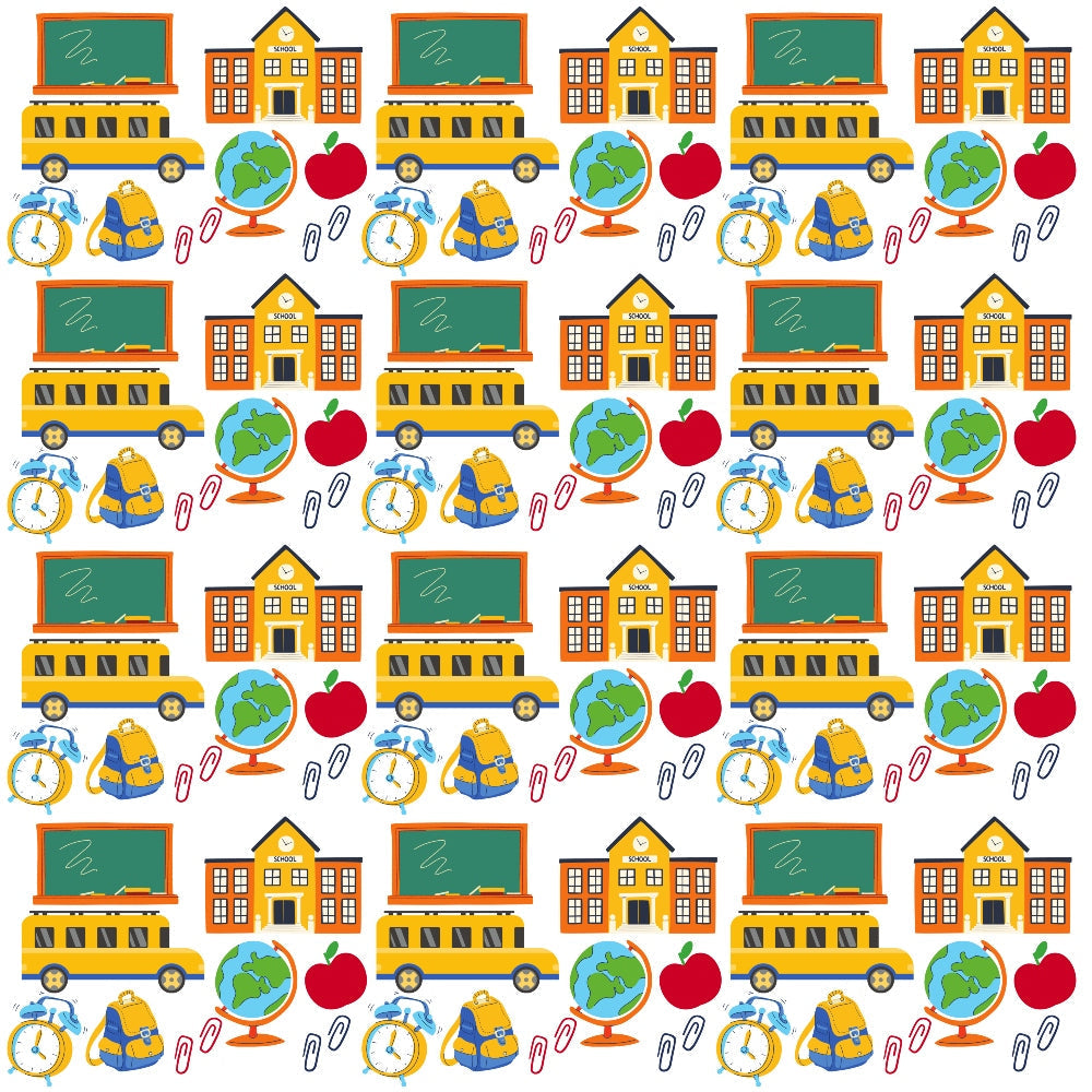 orange, yellow, green, blue, red, white, school bus, chalkboard, school building, globe, red apple, backpack, alarm clock, paper clips, back to school, educational theme, repeating pattern,, fabric panel, school supplies, geometric arrangement, bright colors, children's theme, september theme
