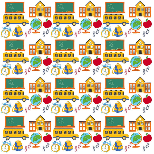 orange, yellow, green, blue, red, white, school bus, chalkboard, school building, globe, red apple, backpack, alarm clock, paper clips, back to school, educational theme, repeating pattern,, fabric panel, school supplies, geometric arrangement, bright colors, children's theme, september theme