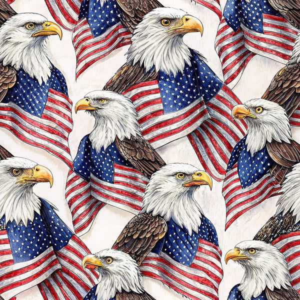bald eagles, american flags, patriotic, red white blue, stars stripes,, fabric panel, repeating pattern, realistic eagles, yellow beaks, brown feathers, white heads, flag background, fourth of july, memorial day, veterans day, americana theme, detailed illustration, cotton fabric, sewing material