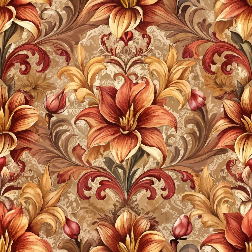 baroque florals, ornate lilies, damask pattern, autumn colors, burgundy, golden orange, cream, taupe, scrollwork, acanthus leaves, decorative swirls, renaissance style, ornamental design,, fabric panel, floral motifs, vintage inspired, warm tones, intricate details, repeating pattern