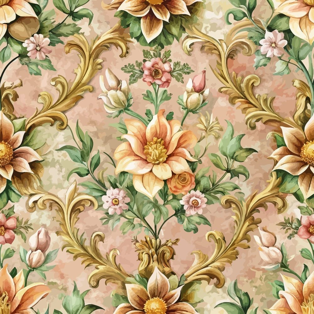 baroque florals, ornate scrollwork, peach background, coral flowers, cream blooms, green leaves, gold flourishes, decorative swirls, vintage pattern, elegant motifs,, fabric panel, floral damask, ornamental design, romantic style, soft pastels, botanical elements, seamless repeat