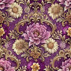 purple background, baroque florals, ornate scrollwork, pink peonies, golden flowers, cream daisies, decorative swirls, vintage style, elegant motifs,, fabric panel, floral damask, regal purple, antique gold, romantic flowers, ornamental design, luxurious pattern, botanical elements