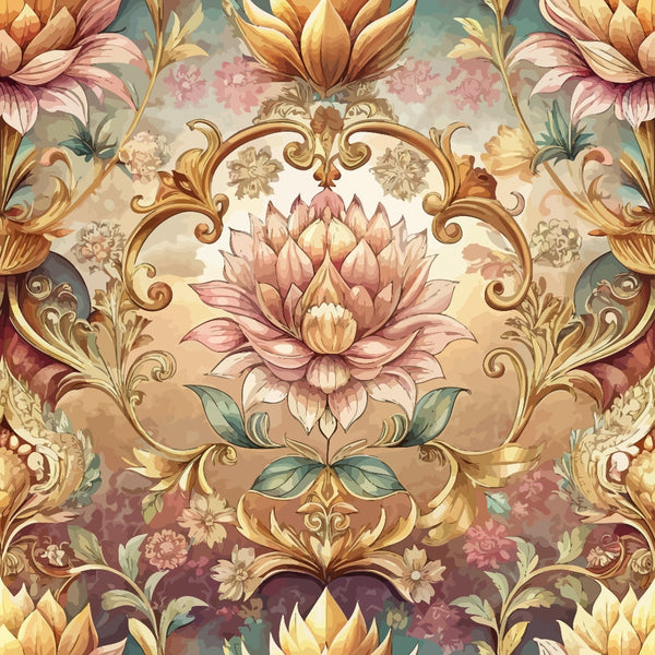 baroque florals,, fabric panel, ornate scrollwork, pink lotus, golden brown, sage green, cream background, decorative medallion, vintage style, floral motifs, layered petals, ornamental border, warm earth tones, botanical design, elegant swirls, damask pattern, luxurious aesthetic, intricate details, romantic florals