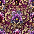 deep burgundy, rich purple, golden brown, ornate baroque, floral medallions, pansy flowers, decorative scrollwork, vintage botanicals, luxurious pattern,, fabric panel, ornamental design, regal colors, elaborate flourishes, romantic florals, antique style, jewel tones, intricate details, damask elements