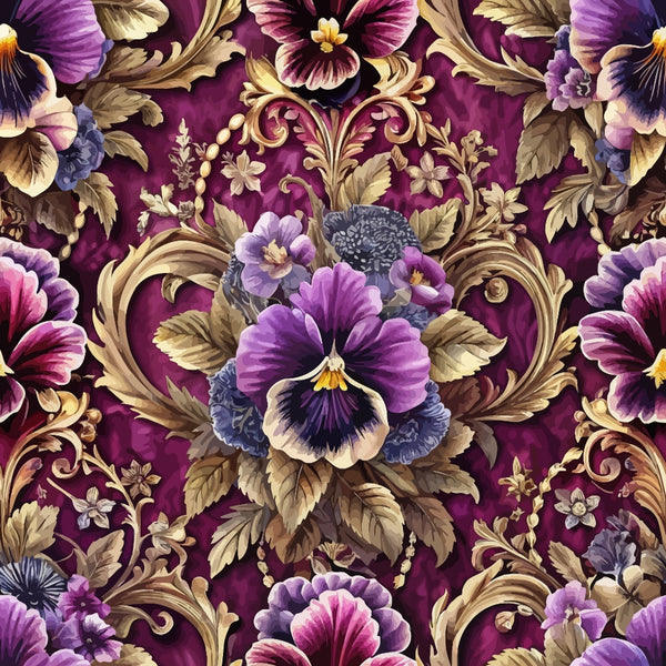 deep burgundy, rich purple, golden brown, ornate baroque, floral medallions, pansy flowers, decorative scrollwork, vintage botanicals, luxurious pattern,, fabric panel, ornamental design, regal colors, elaborate flourishes, romantic florals, antique style, jewel tones, intricate details, damask elements