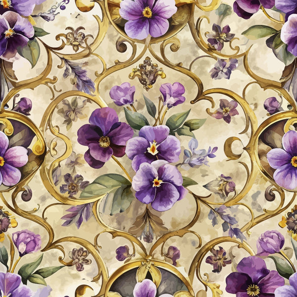 purple flowers, baroque pattern, ornate scrollwork, gold accents, cream background, violet pansies, decorative flourishes, floral motifs,, fabric panel, elegant design, botanical elements, lavender tones, ornamental swirls, vintage style, repeating pattern, green leaves, intricate details, luxury aesthetic