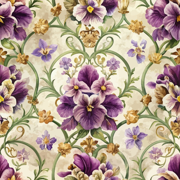 purple flowers, pansies, baroque pattern, ornate scrollwork, green vines, golden brown accents, cream background, floral motifs, decorative swirls, violet petals,, fabric panel, elegant flourishes, botanical design, symmetrical layout, vintage style, lavender tones, intricate details, repeating pattern, ornamental borders