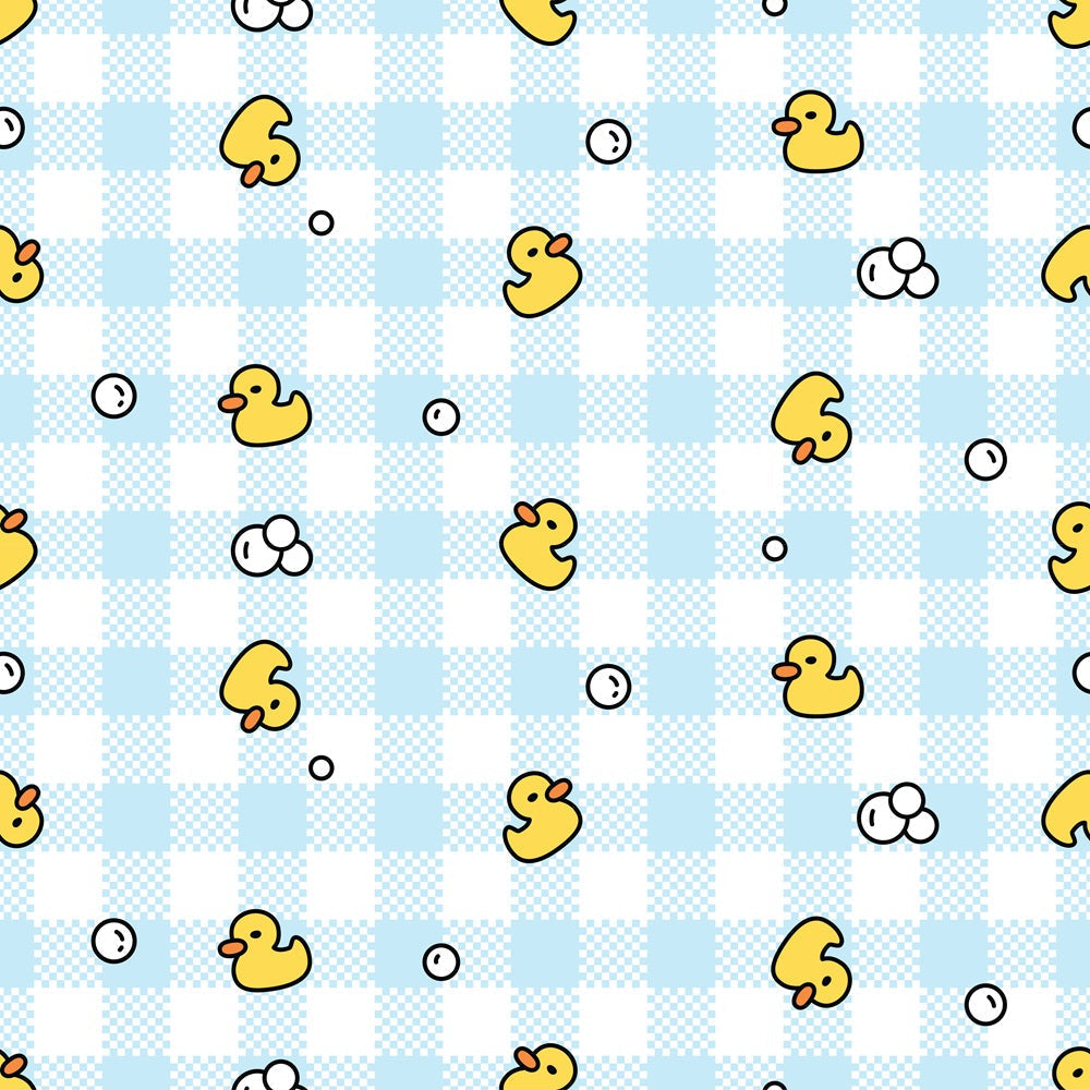 yellow, light blue, white, gingham pattern, checkered background, rubber ducks, soap bubbles, bath time theme,, fabric panel, cute duckies, baby theme, nursery motif, playful design, bathroom elements, scattered pattern, cheerful colors, infant decor, soft pastels, whimsical style