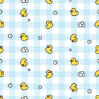 yellow, light blue, white, gingham pattern, checkered background, rubber ducks, soap bubbles, bath time theme,, fabric panel, cute duckies, baby theme, nursery motif, playful design, bathroom elements, scattered pattern, cheerful colors, infant decor, soft pastels, whimsical style