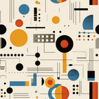 geometric shapes, circles, rectangles, lines, orange, blue, red, black, white, gray, bauhaus style, modernist design, abstract art, minimalist,, fabric panel, dots, triangles, contemporary, mid-century modern, architectural elements