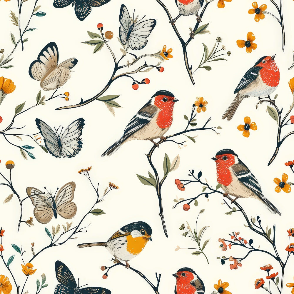 birds, butterflies, branches, floral, orange flowers, red robin, cream background, nature pattern, botanical design,, fabric panel, wildlife motif, garden theme, spring elements, delicate illustrations, berries, leaves, pastel tones, whimsical style, organic pattern