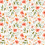 coral flowers, peach blooms, sage green leaves, olive foliage, white background, watercolor style, floral pattern, botanical design, spring flowers, delicate petals, repeating motif,, fabric panel, soft pastels, garden blooms, feminine florals, crafting material, sewing fabric, nature inspired, romantic florals