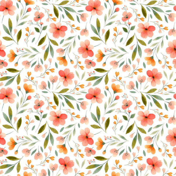 coral flowers, peach blooms, sage green leaves, olive foliage, white background, watercolor style, floral pattern, botanical design, spring flowers, delicate petals, repeating motif,, fabric panel, soft pastels, garden blooms, feminine florals, crafting material, sewing fabric, nature inspired, romantic florals