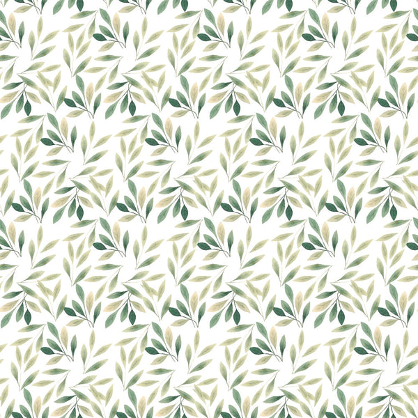 sage green, olive green, beige, cream, white, botanical leaves, branch pattern, watercolor style, nature motif, organic design, seamless repeat,, fabric panel, spring theme, foliage print, delicate branches, soft palette, natural elements, leaf clusters, flowing pattern