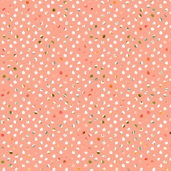 coral pink, peach background, white dots, polka dot pattern, green accents, orange spots, scattered dots, confetti style, playful design, spring colors,, fabric panel, cheerful mood, geometric pattern, small scale print, modern style, crafting fabric, sewing material, colorful dots, whimsical pattern