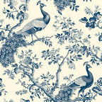 navy blue, cream background, peacocks, floral motifs, branches, leaves, toile pattern, vintage style, botanical design,, fabric panel, birds, feathers, elegant plumage, decorative tail feathers, garden scene, monochromatic, detailed illustration, nature theme, ornate design