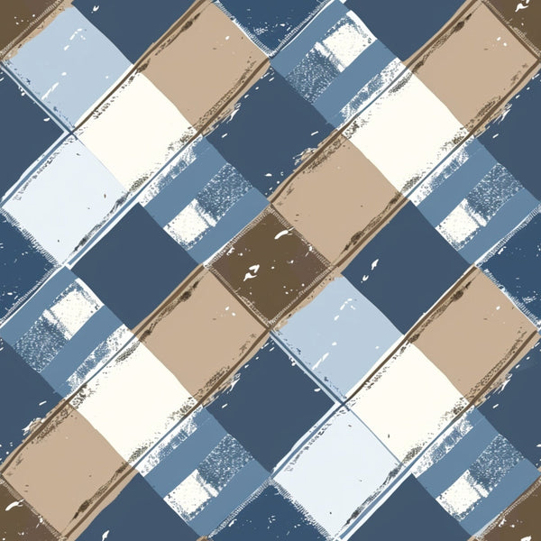 blue, brown, beige, white, gingham, checkered, plaid, geometric, squares, distressed, vintage, weathered,, fabric panel, rustic, textured brushstrokes, diagonal pattern, patchwork, crafting material