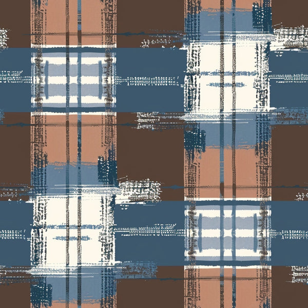 blue, brown, cream, white, gingham, plaid, checkered, patchwork, geometric,, fabric panel, rustic, country style, woven texture, distressed, vintage look, earthy tones, crosshatch, grid pattern, cotton fabric