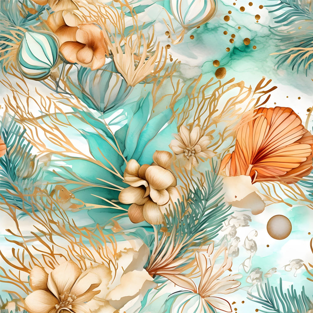 Gilded Coastal Blooms Pattern 15 Fleece Fabric