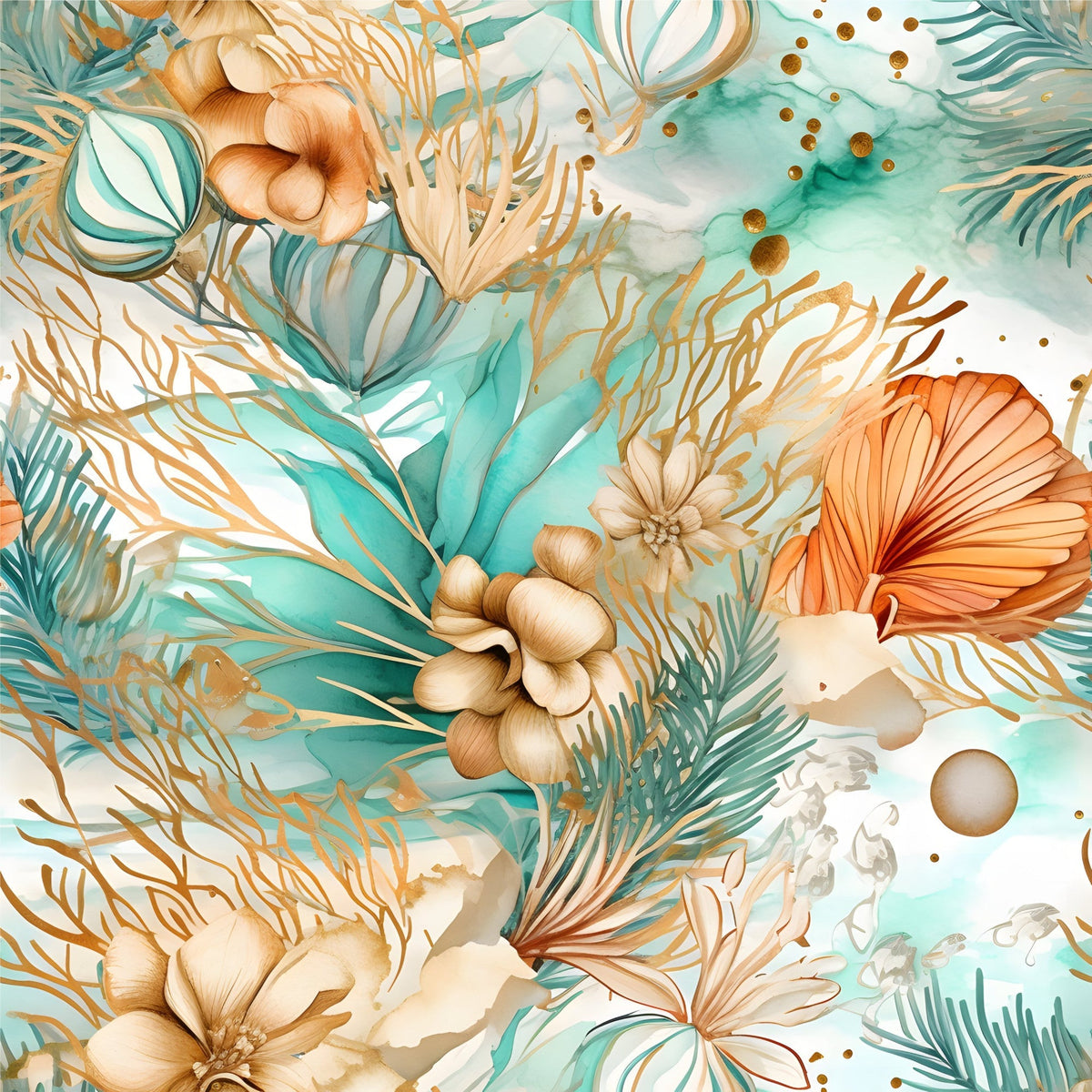 Gilded Coastal Blooms Pattern 15 Fleece Fabric