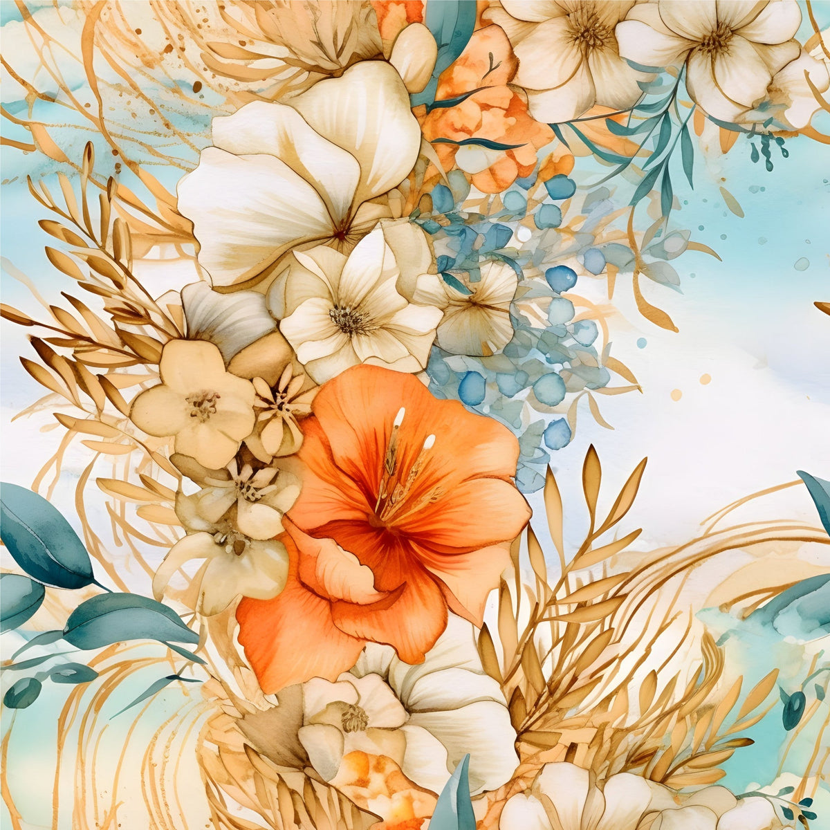 Gilded Coastal Blooms Pattern 18 Fleece Fabric
