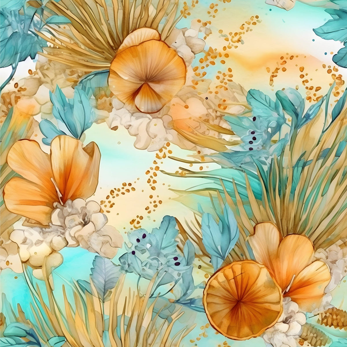 Gilded Coastal Blooms Pattern 2 Fleece Fabric