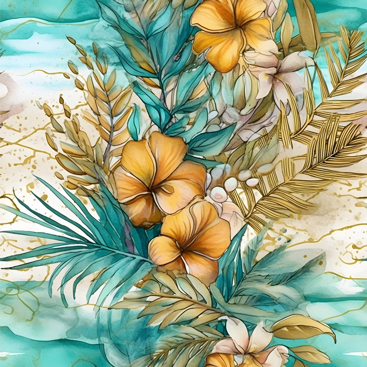 Gilded Coastal Blooms Pattern 5 Fleece Fabric