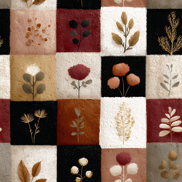 cream, burgundy, black, terracotta, botanical, pressed flowers, leaves, berries, patchwork squares,, fabric panel, autumn colors, dried botanicals, nature motifs, silhouettes, earth tones, floral specimens, boho style, rustic texture, botanical collection