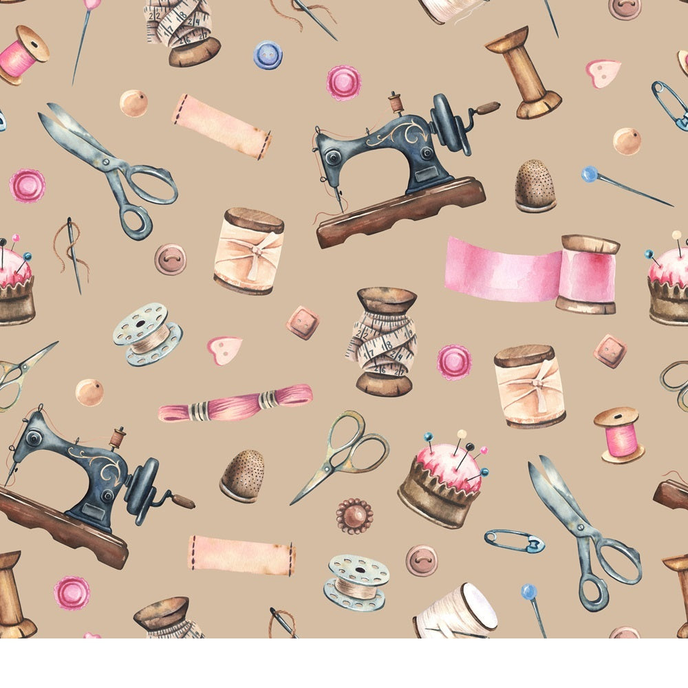 brown, beige, tan, pink, blue, vintage sewing,, fabric panel, sewing machine, scissors, thread spools, thimble, buttons, pins, pincushion, needles, craft tools, watercolor style, nostalgic, handmade motifs, seamless pattern