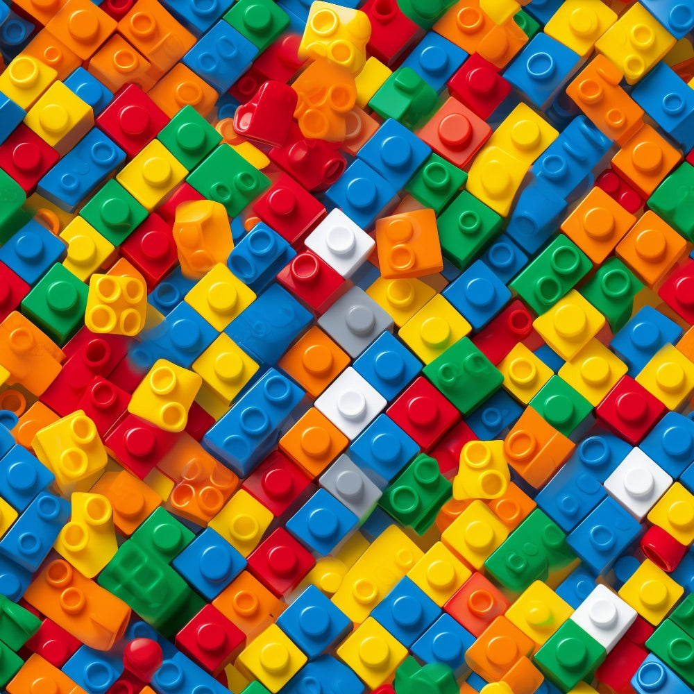 Playful Bricks Pattern 20 fleece fabric with colorful interlocking toy bricks in red, blue, yellow, green, orange, white and gray