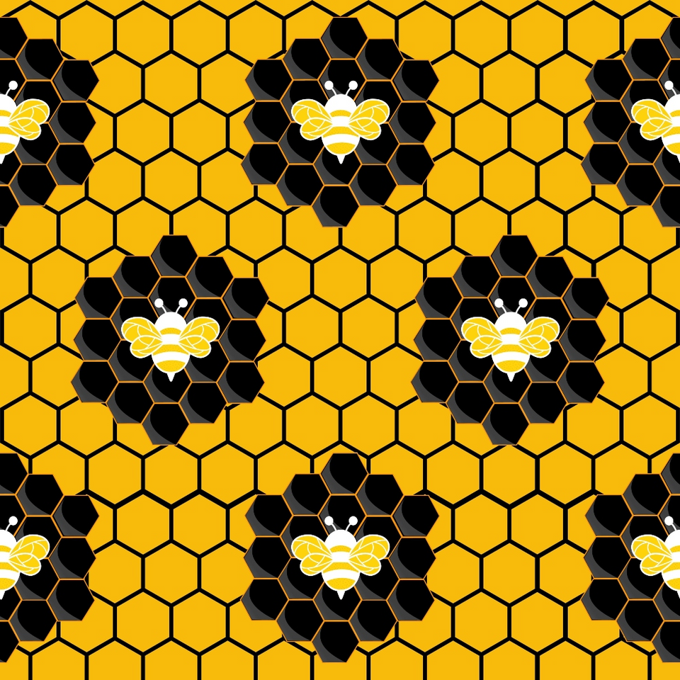 yellow, black, white, honeycomb pattern, hexagonal, bees, bumble bees, geometric, repeating pattern,, fabric panel, nature inspired, insect motif, golden yellow, bright colors, craft fabric, sewing material, bee wings, hive pattern, summer theme