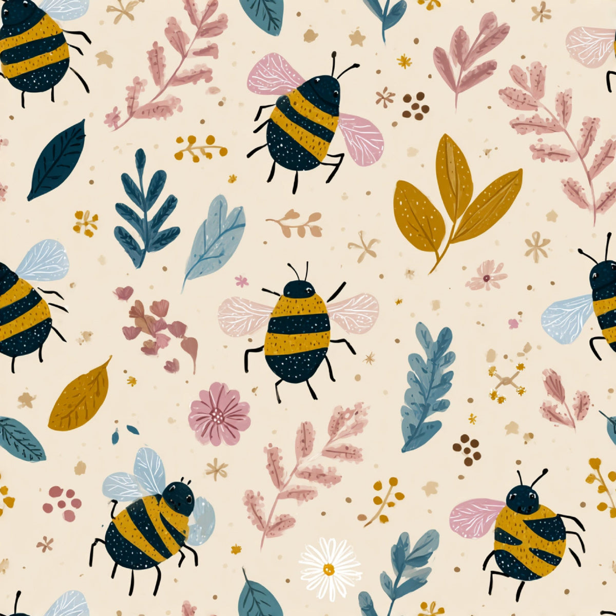 Pollen Parade Pattern 54 black-and-gold bees with leafy sprigs and small flowers on cream fleece fabric