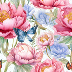 butterfly, floral pattern, pink peonies, blue flowers, watercolor style,, fabric panel, spring motif, garden theme, coral pink, powder blue, yellow centers, green leaves, botanical design, delicate butterflies, soft pastels, seamless repeat, nature inspired, feminine colors, cottage style
