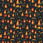 camping pattern, outdoor adventure, campfire flames, dark navy background, orange flames, green trees, evergreen forest, tent illustrations, arrows, logs, nature motifs,, fabric panel, repetitive pattern, woodland theme, fire pit, camping gear, outdoor activities, seamless design, rustic style