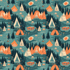 camping pattern, outdoor adventures, teepees, tents, evergreen trees, forest scene, orange accent color, teal background, cream details, nature motifs, camping gear, woodland design, geometric triangles, modern illustration style,, fabric panel, adventure theme, outdoor lifestyle, camping equipment, stylized graphics