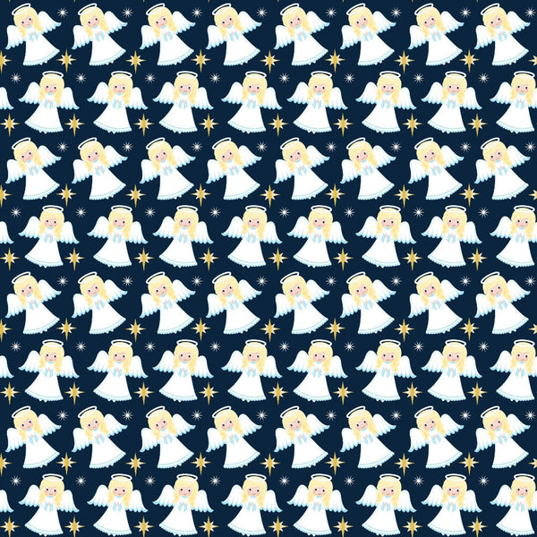 navy blue, white, golden yellow, angels, halos, wings, cartoon style, christmas, nativity, stars, celestial, repeating pattern,, fabric panel, holiday theme, cute characters, blonde angels, starry night, festive, whimsical