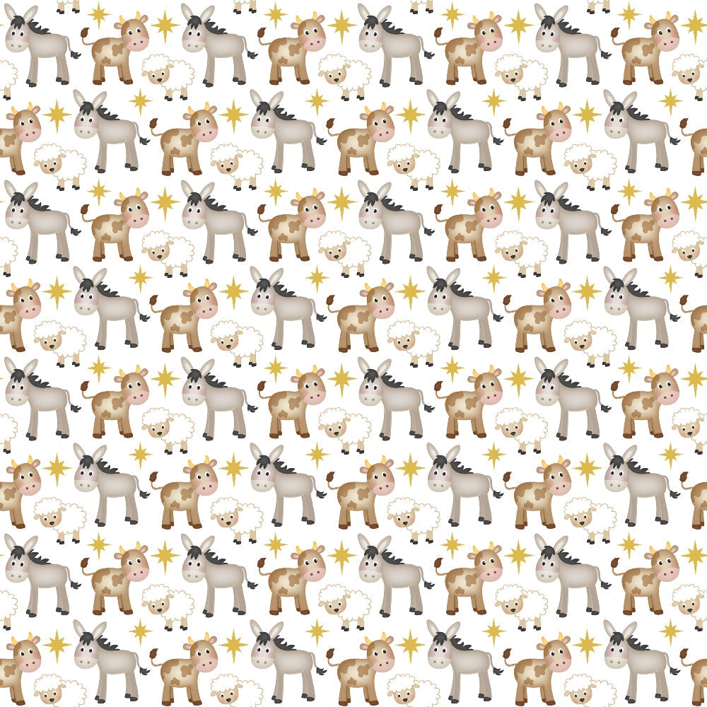 christmas nativity, cartoon animals, donkey, cow, sheep, star of bethlehem, brown, beige, cream, white, gold stars,, fabric panel, repeating pattern, cute characters, holiday theme, religious motif, farm animals, whimsical style, festive design