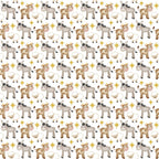 christmas nativity, cartoon animals, donkey, cow, sheep, star of bethlehem, brown, beige, cream, white, gold stars,, fabric panel, repeating pattern, cute characters, holiday theme, religious motif, farm animals, whimsical style, festive design