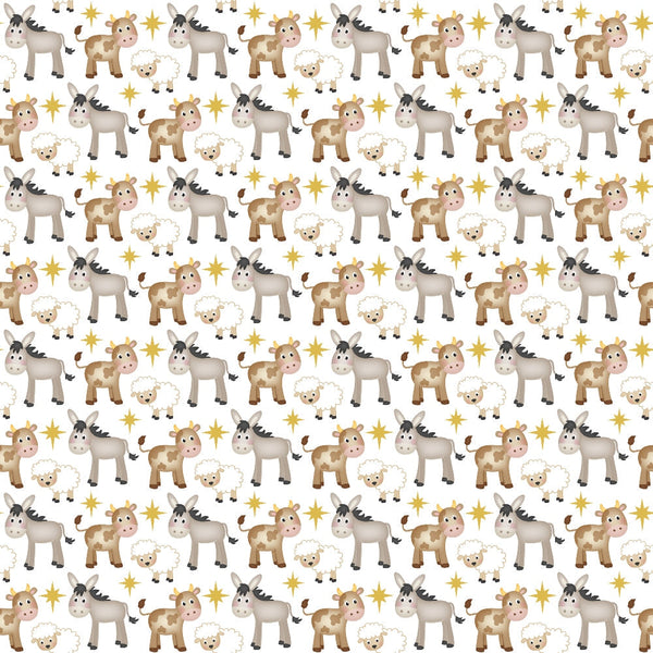 christmas nativity, cartoon animals, donkey, cow, sheep, star of bethlehem, brown, beige, cream, white, gold stars,, fabric panel, repeating pattern, cute characters, holiday theme, religious motif, farm animals, whimsical style, festive design