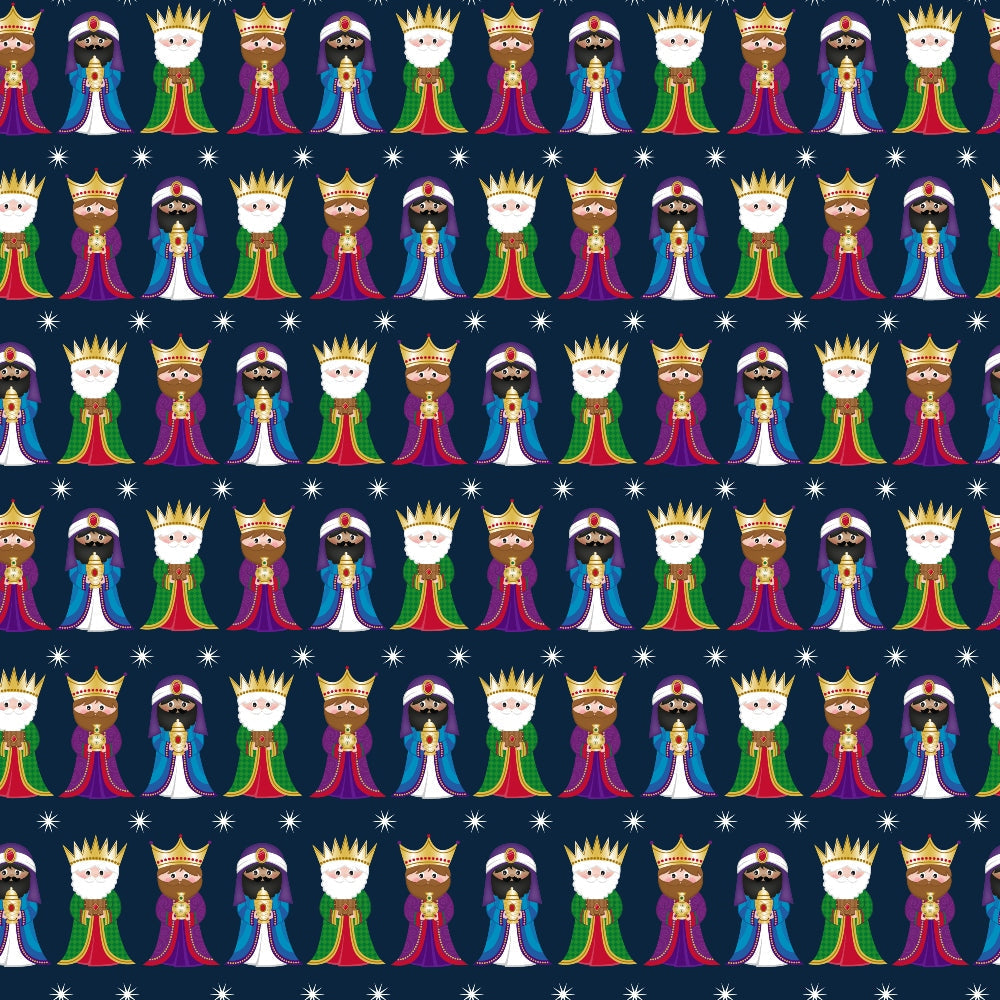 three wise men, nativity scene, cartoon style, christmas theme, royal blue background, purple robes, green robes, white robes, golden crowns, red turbans, biblical characters, repeating pattern,, fabric panel, holiday fabric, winter theme, religious motifs, white stars, gift giving, magi figures