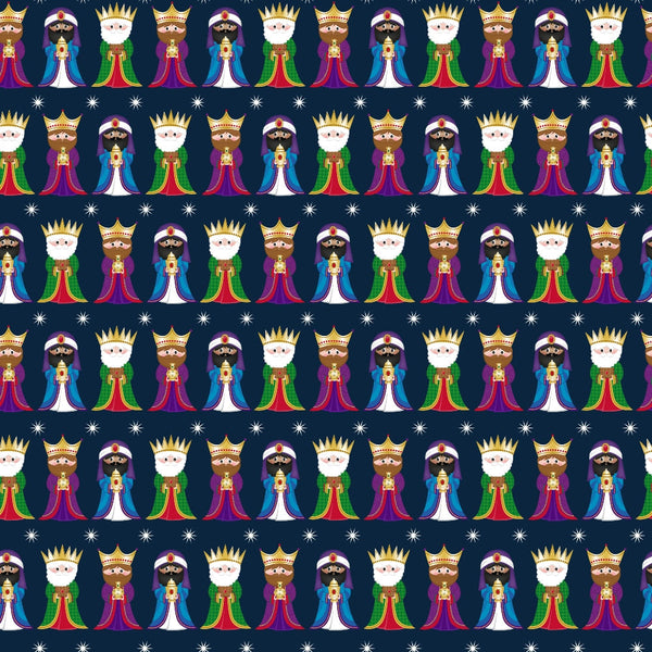 three wise men, nativity scene, cartoon style, christmas theme, royal blue background, purple robes, green robes, white robes, golden crowns, red turbans, biblical characters, repeating pattern,, fabric panel, holiday fabric, winter theme, religious motifs, white stars, gift giving, magi figures