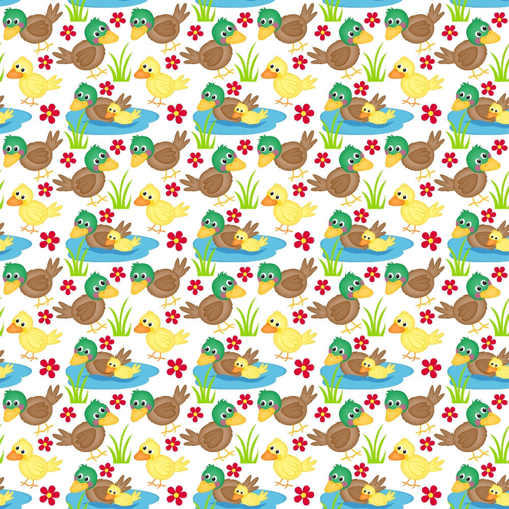 ducks, ducklings, pond, water, green, yellow, brown, blue, red flowers, grass, cartoon style, farm animals, repeating pattern,, fabric panel, cute characters, swimming ducks, spring theme, cheerful design, nursery fabric
