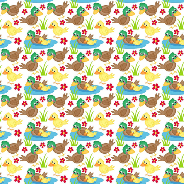 ducks, ducklings, pond, water, green, yellow, brown, blue, red flowers, grass, cartoon style, farm animals, repeating pattern,, fabric panel, cute characters, swimming ducks, spring theme, cheerful design, nursery fabric